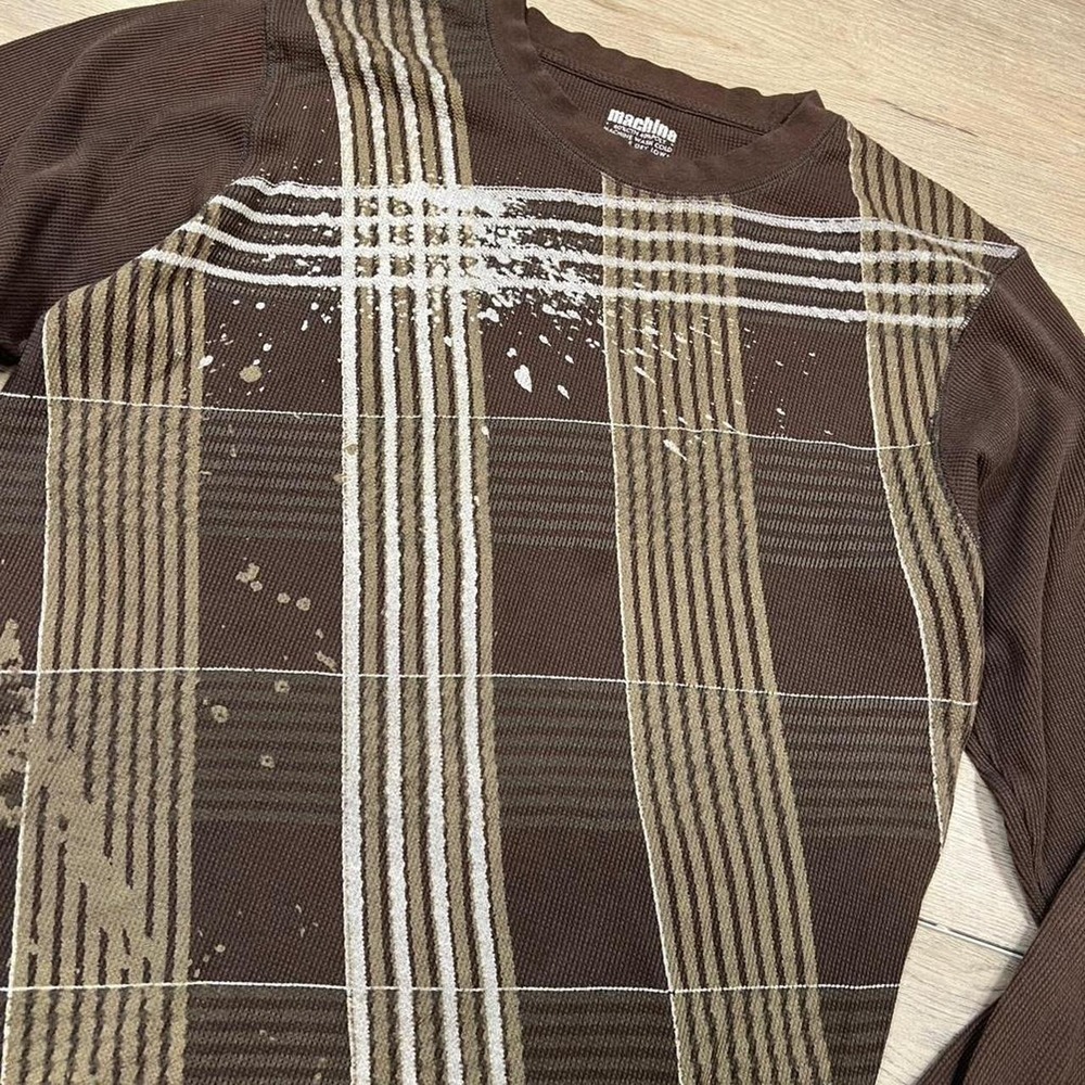 Machine Thermal Shirt Mens Large Brown Waffle Knit Plaid Paint Splatter Y2K